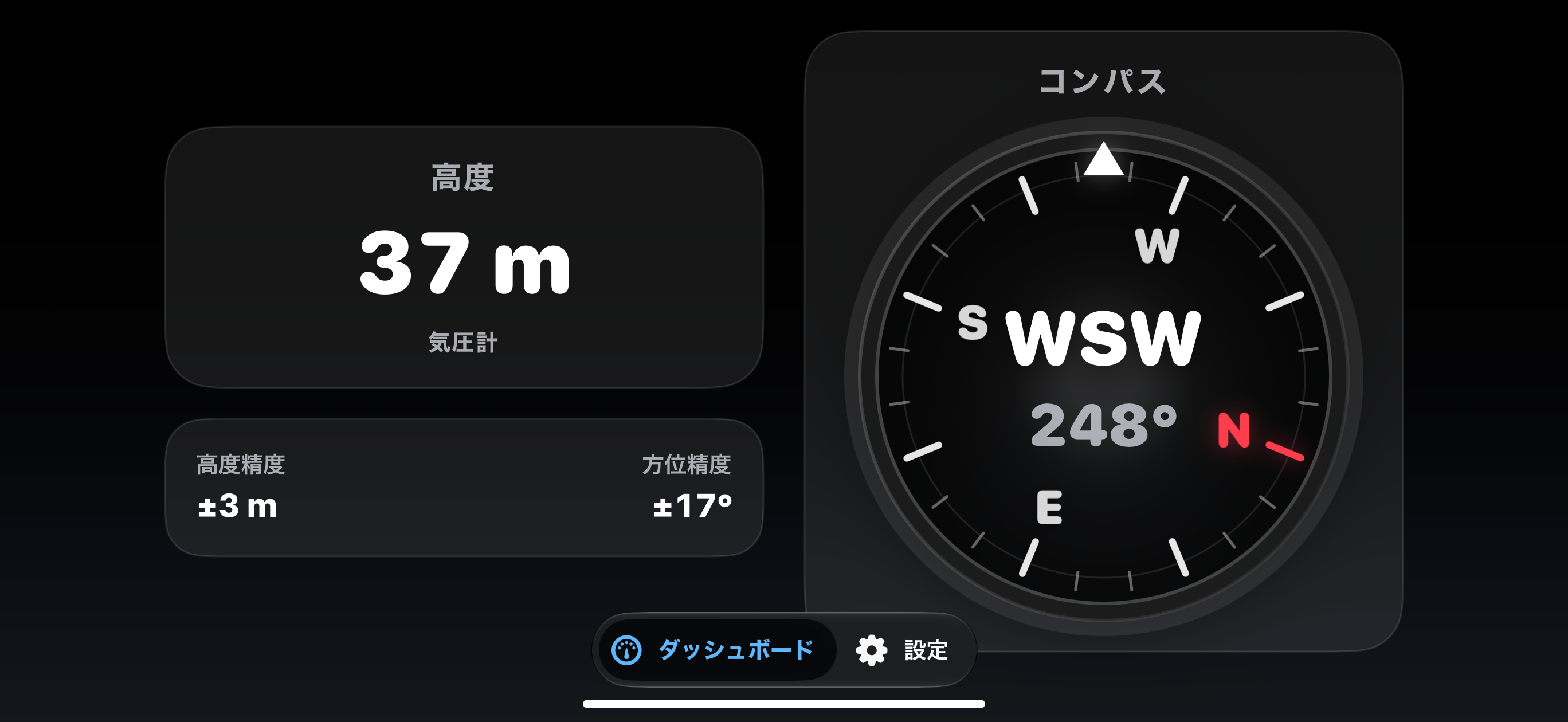 Altimeter Dashboardの日本語横向き画面。高度37メートル、方角と精度情報を左右に並べて表示