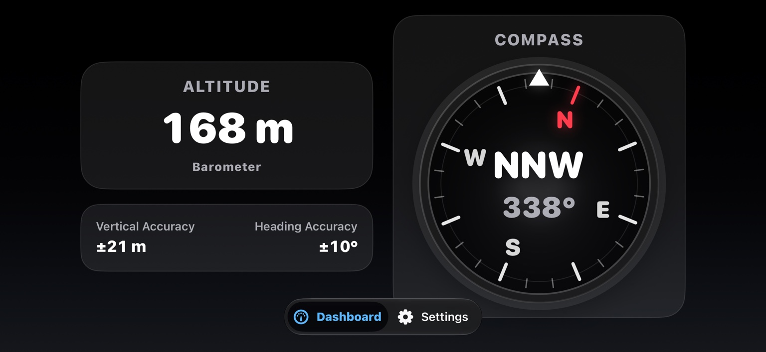 Altimeter Dashboard in landscape, with altitude, compass heading and accuracy information arranged side by side