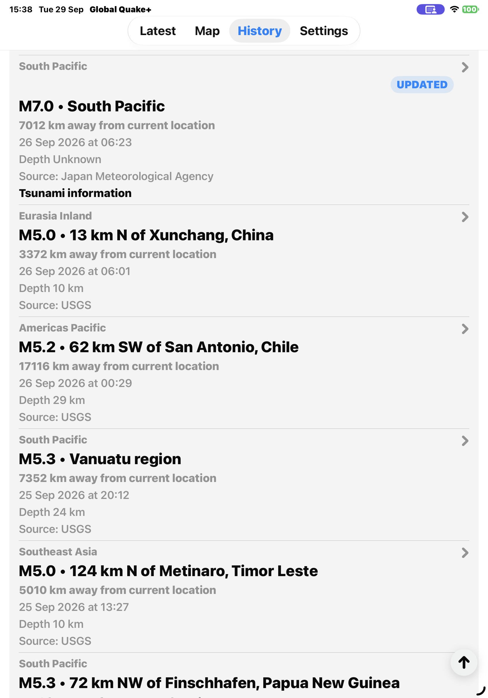 Global Quake+ History on iPad, showing earthquakes from several regions, reporting sources and an updated South Pacific event