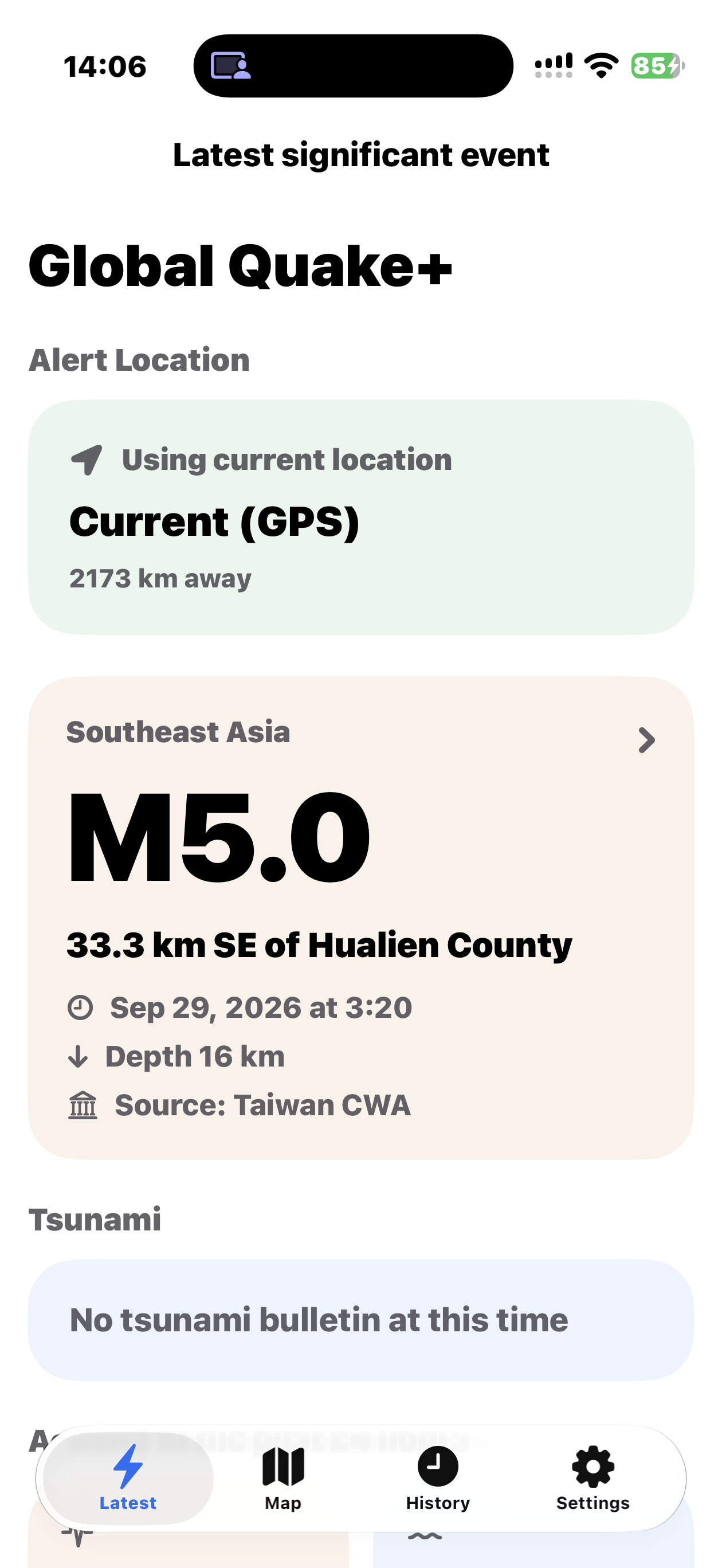 Global Quake+ Latest view showing an M5.0 Taiwan CWA earthquake, distance from the current location and no tsunami bulletin at that time