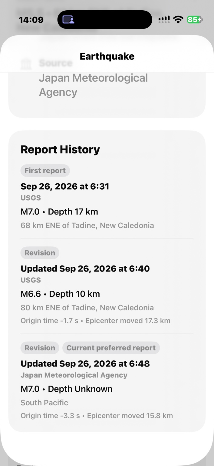 Global Quake+ Report History showing USGS revisions and a later JMA preferred report for the same earthquake